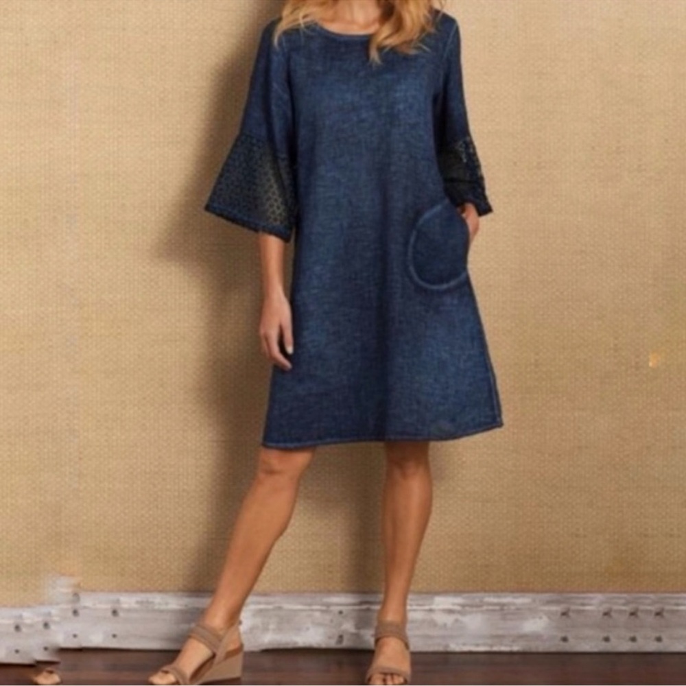 Soft Surroundings Franca Crochet Bell Flare Sleeve Linen Blue Midi Beachy-M